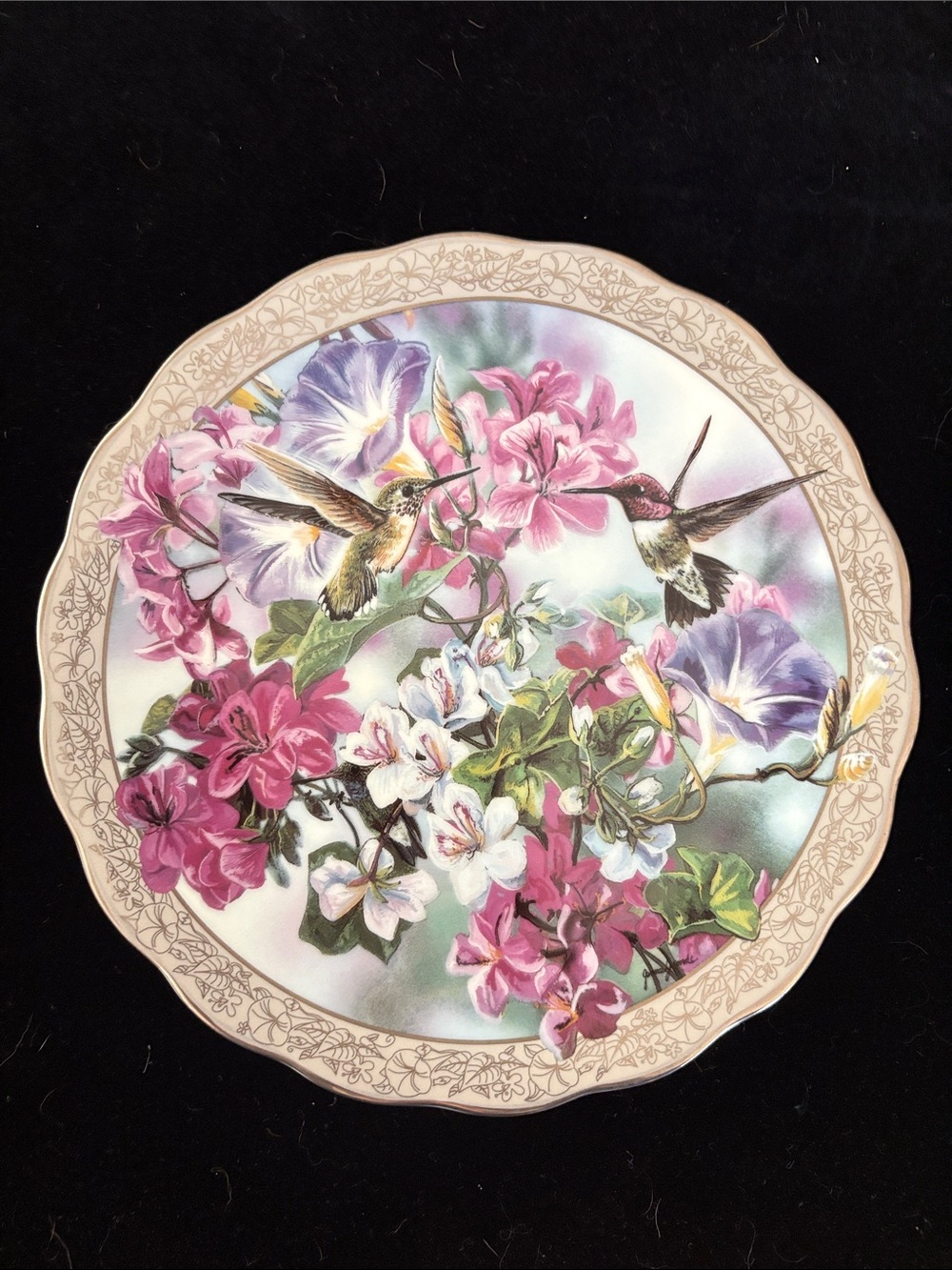 8” collectors Decorative Floral Hummingbird Dinner Plate in Pink and Purple